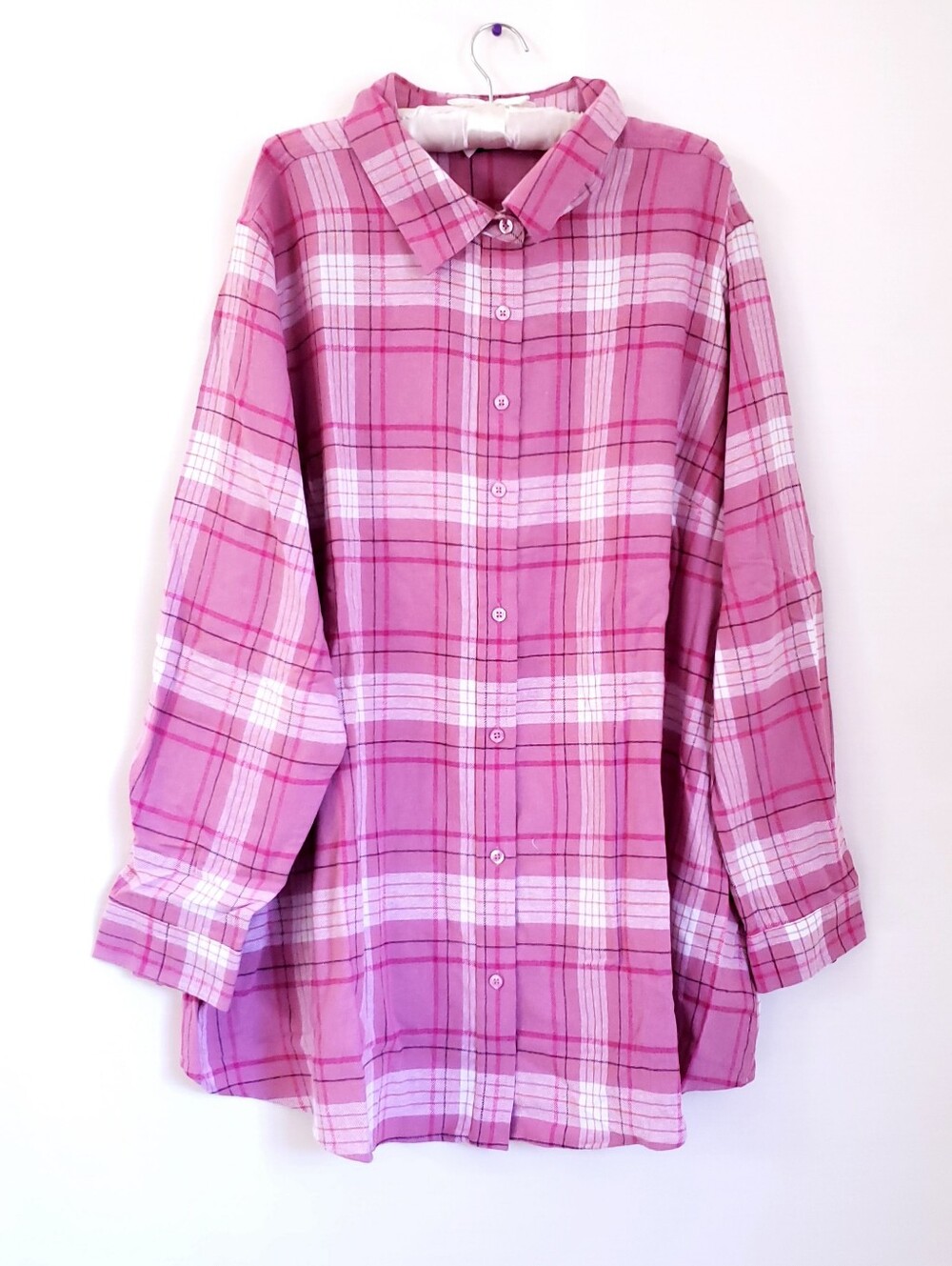 Like New Womens Ellos 2X Pink Multi plaid button up flannel shirt 100% Cotton